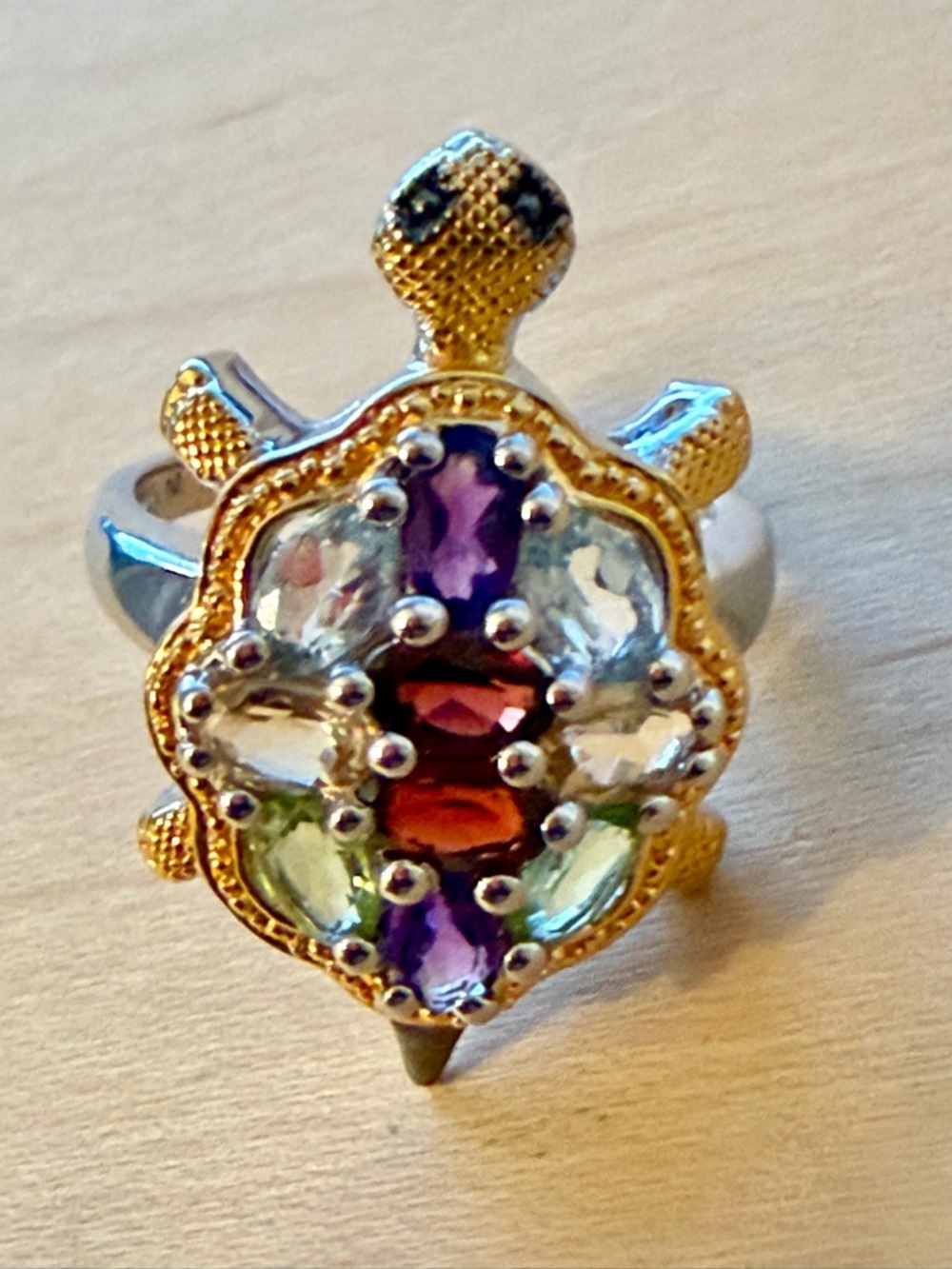 Multi-Gem Gold & Silver Turtle Ring - Women Jewelry